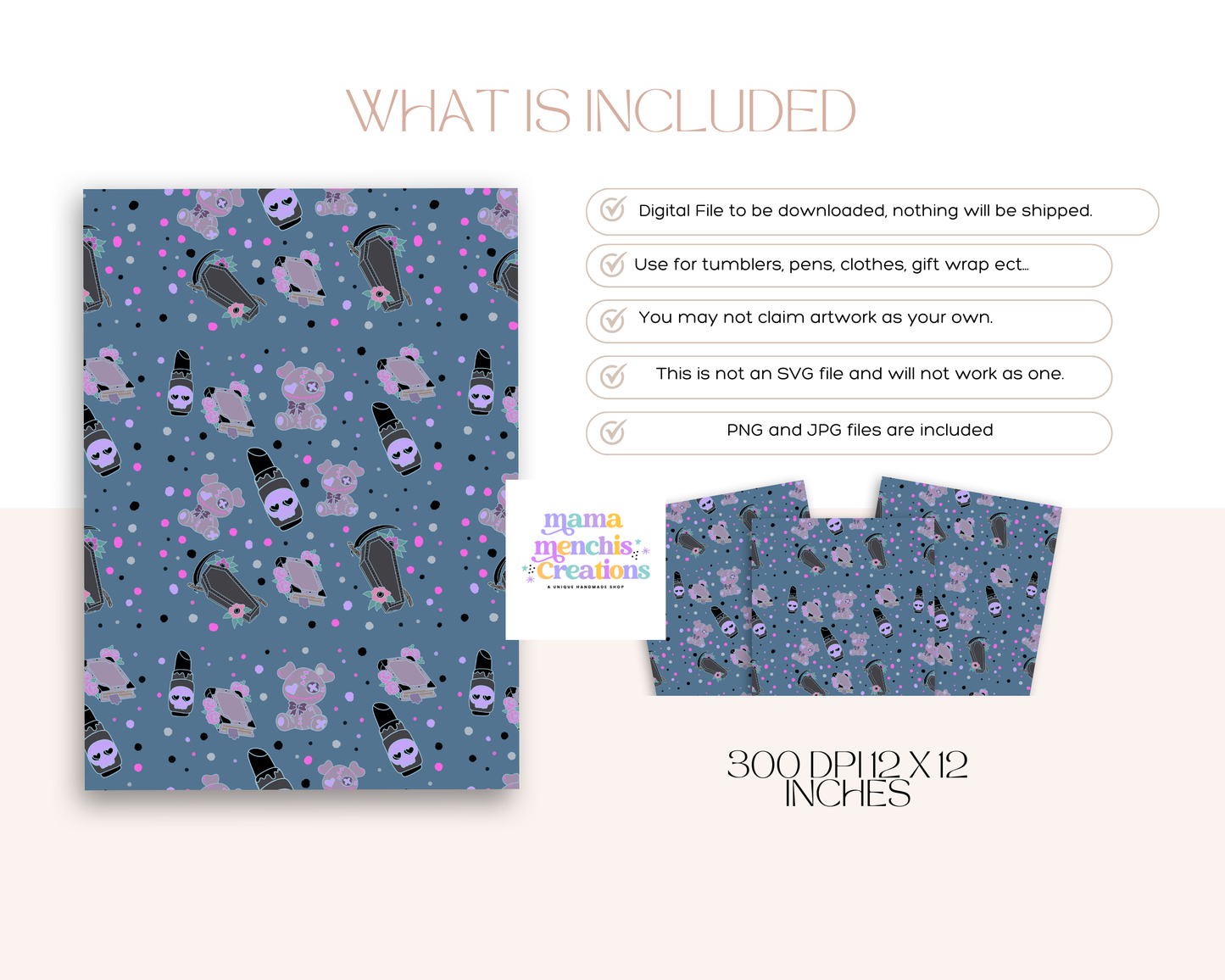Spooky Goth 12x12 Repeating Pattern Digital Paper sublimation DTF Hand Drawn PNG Digital Download