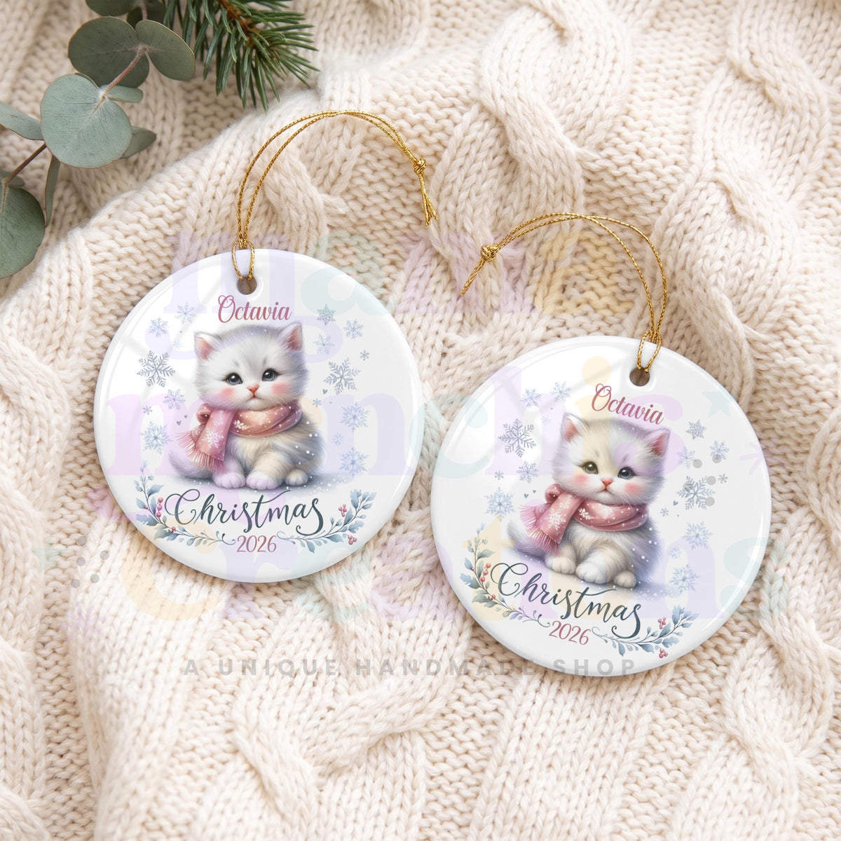 White Winter Kitten Personalized 2026 Christmas Sublimation Ornament