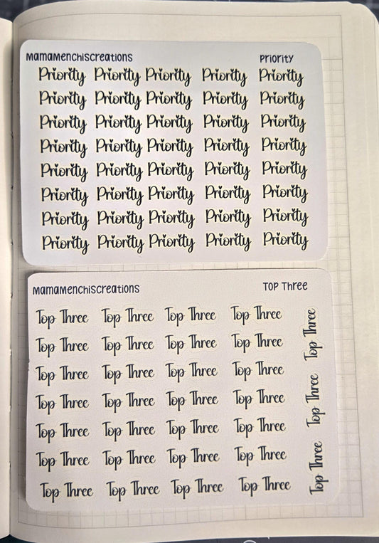 Priority and or Top Three Tracker Bujo Journal Planner Functional Sticker Sheet
