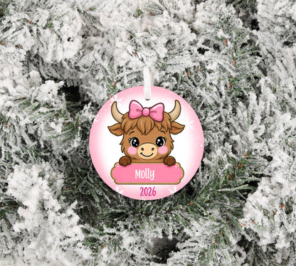 Personalized Girls Snowman Highland Cow Reindeer Gingerbread  2026 Christmas Sublimation Ornament