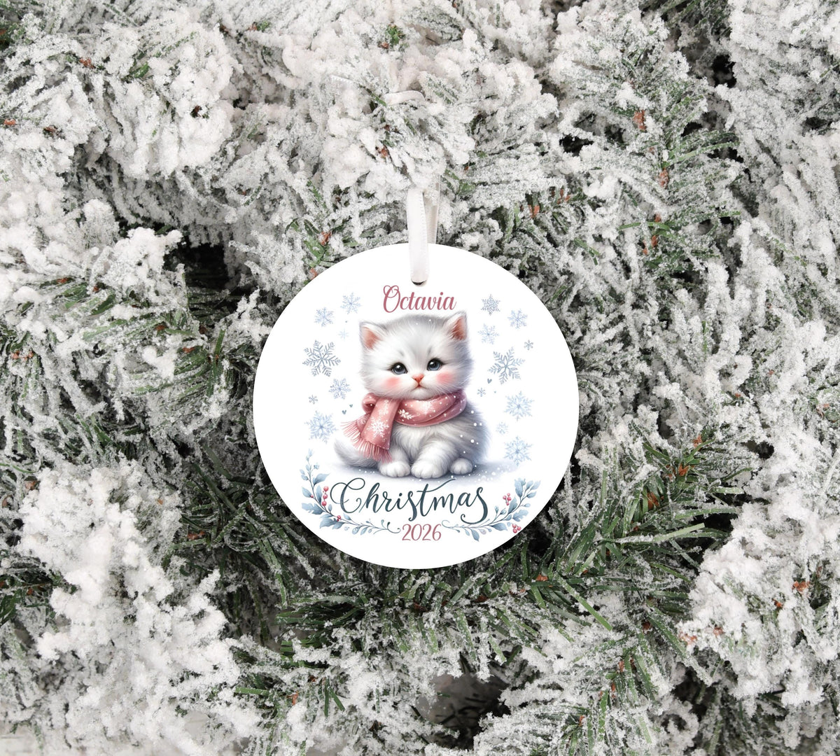 White Winter Kitten Personalized 2026 Christmas Sublimation Ornament