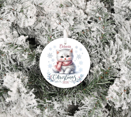 White Winter Kitten Personalized 2026 Christmas Sublimation Ornament