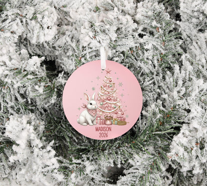 Personalized Pink Woodland Bunny 2026 christmas ornament