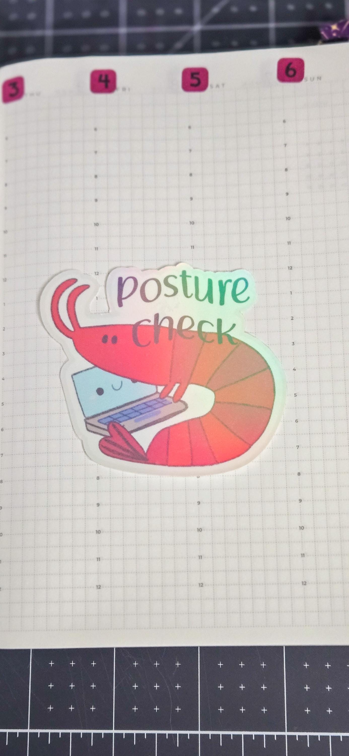 Shrimp Posture Check Laptop Holographic Die Cut Bujo Journal Planner Sticker