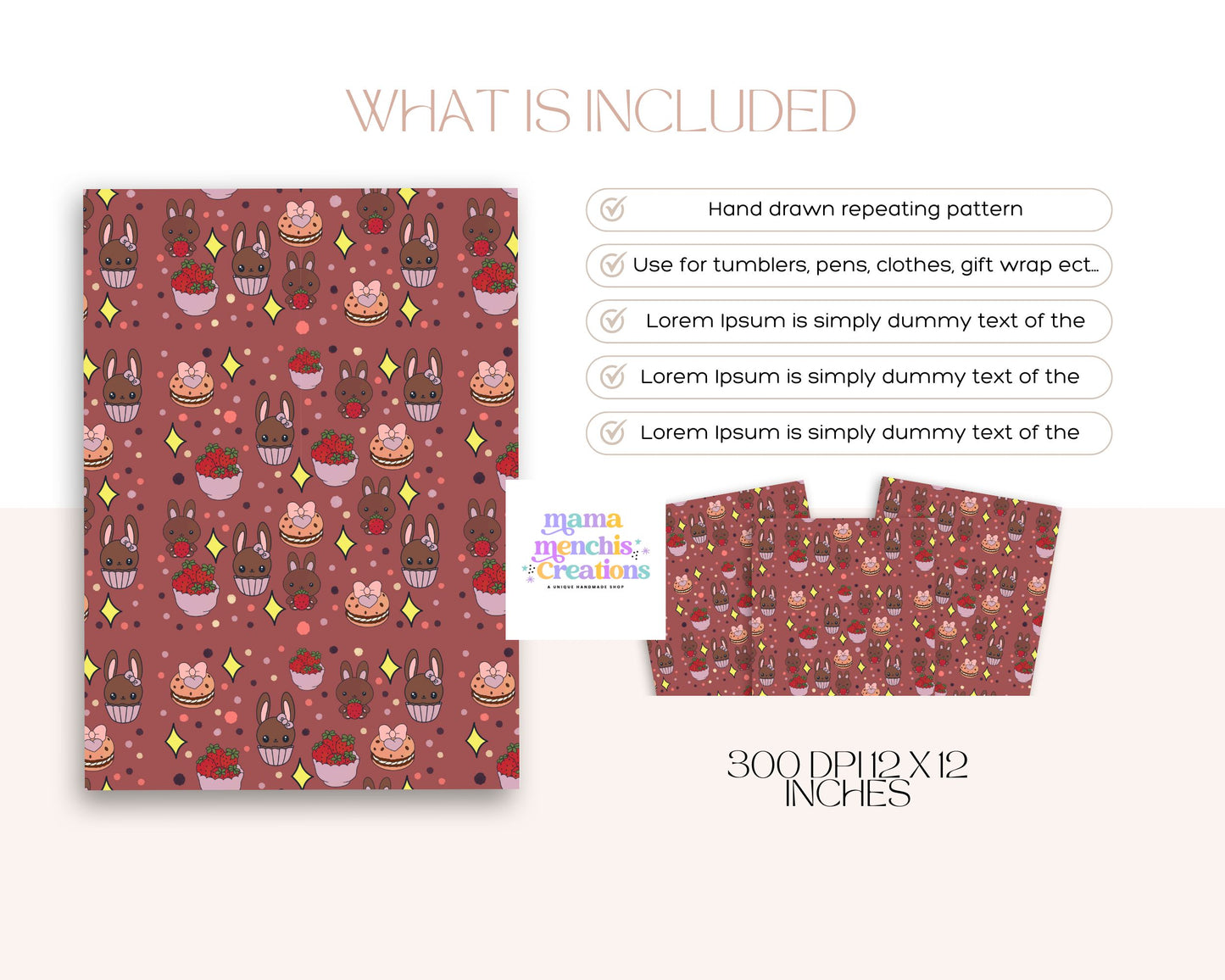 Spring Berries and Bunnies 12x12 Repeating Pattern Digital Paper sublimation DTF Hand Drawn PNG Digital Download