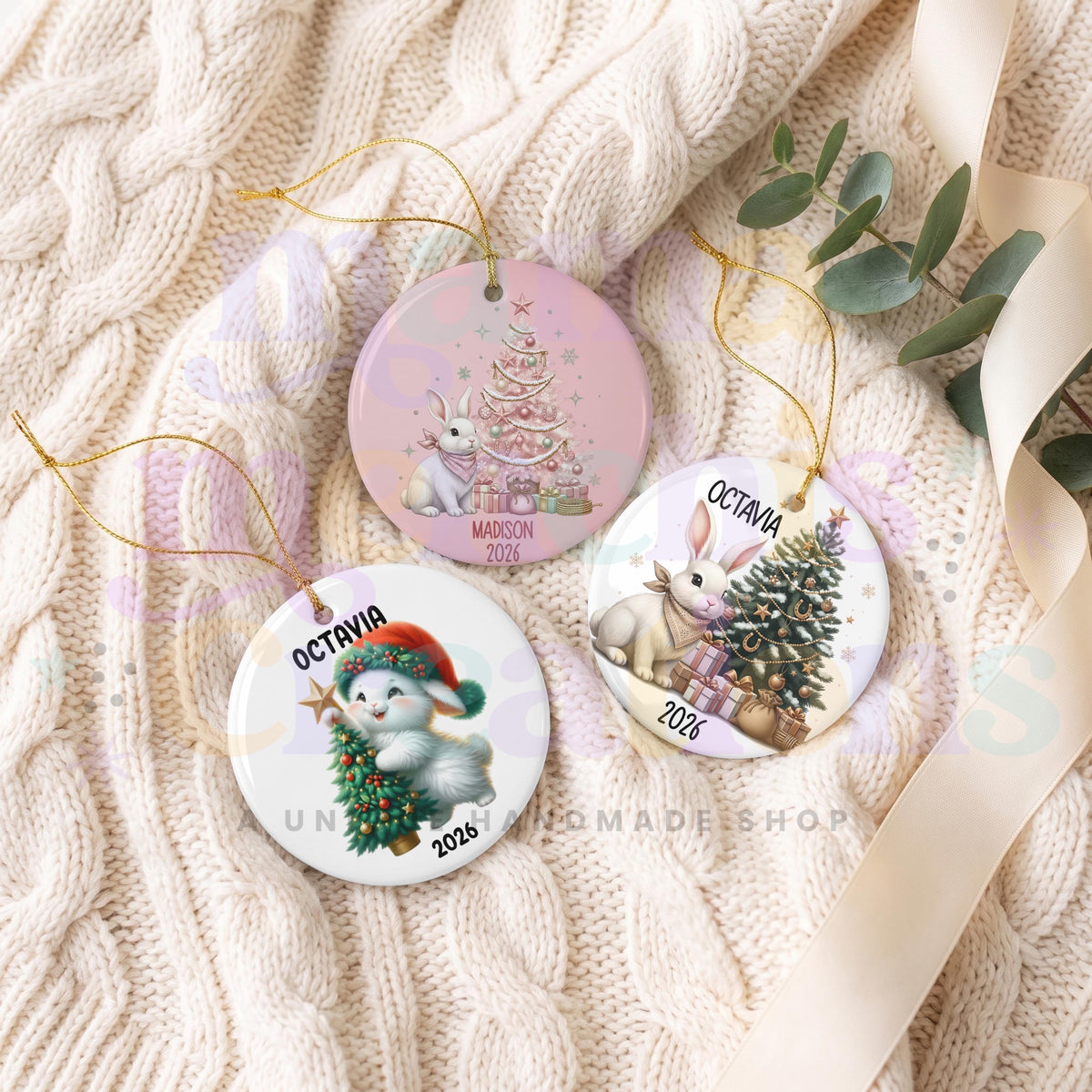 Personalized Pink Woodland Bunny 2026 christmas ornament