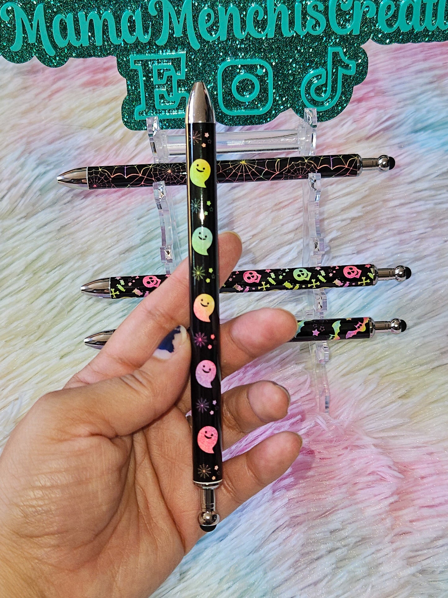 Neon Halloween Skulls Bats Spider Webs Refillable Retractable Gel Pen