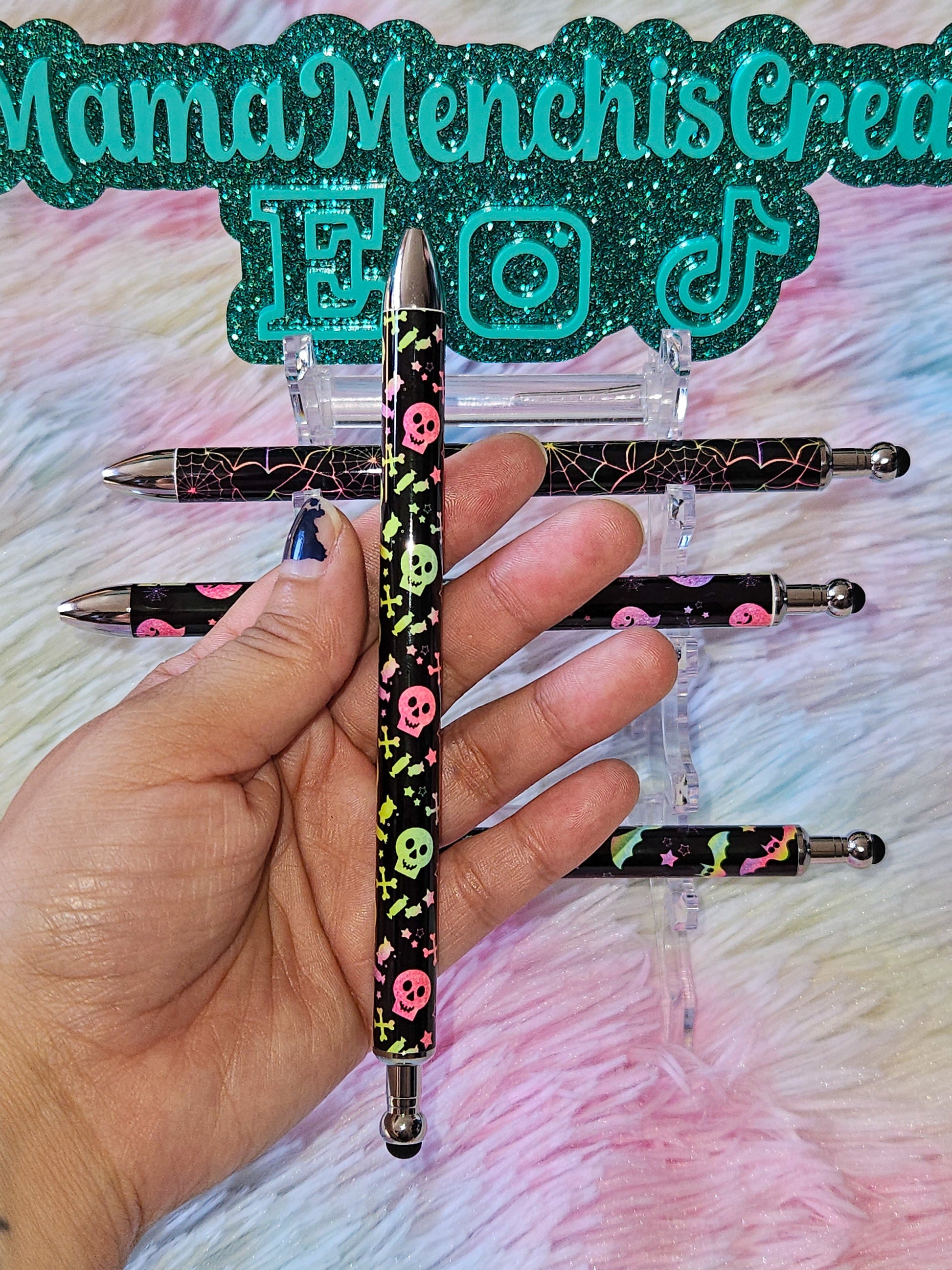 Neon Halloween Skulls Bats Spider Webs Refillable Retractable Gel Pen