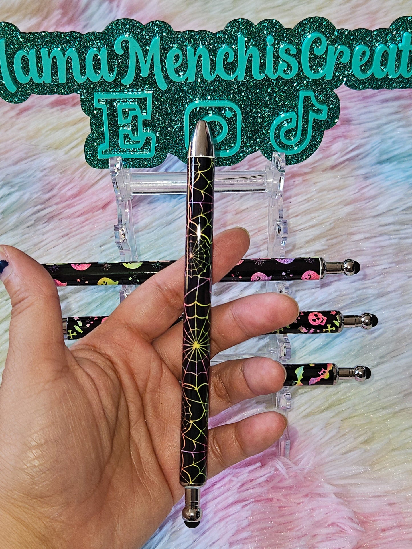 Neon Halloween Skulls Bats Spider Webs Refillable Retractable Gel Pen