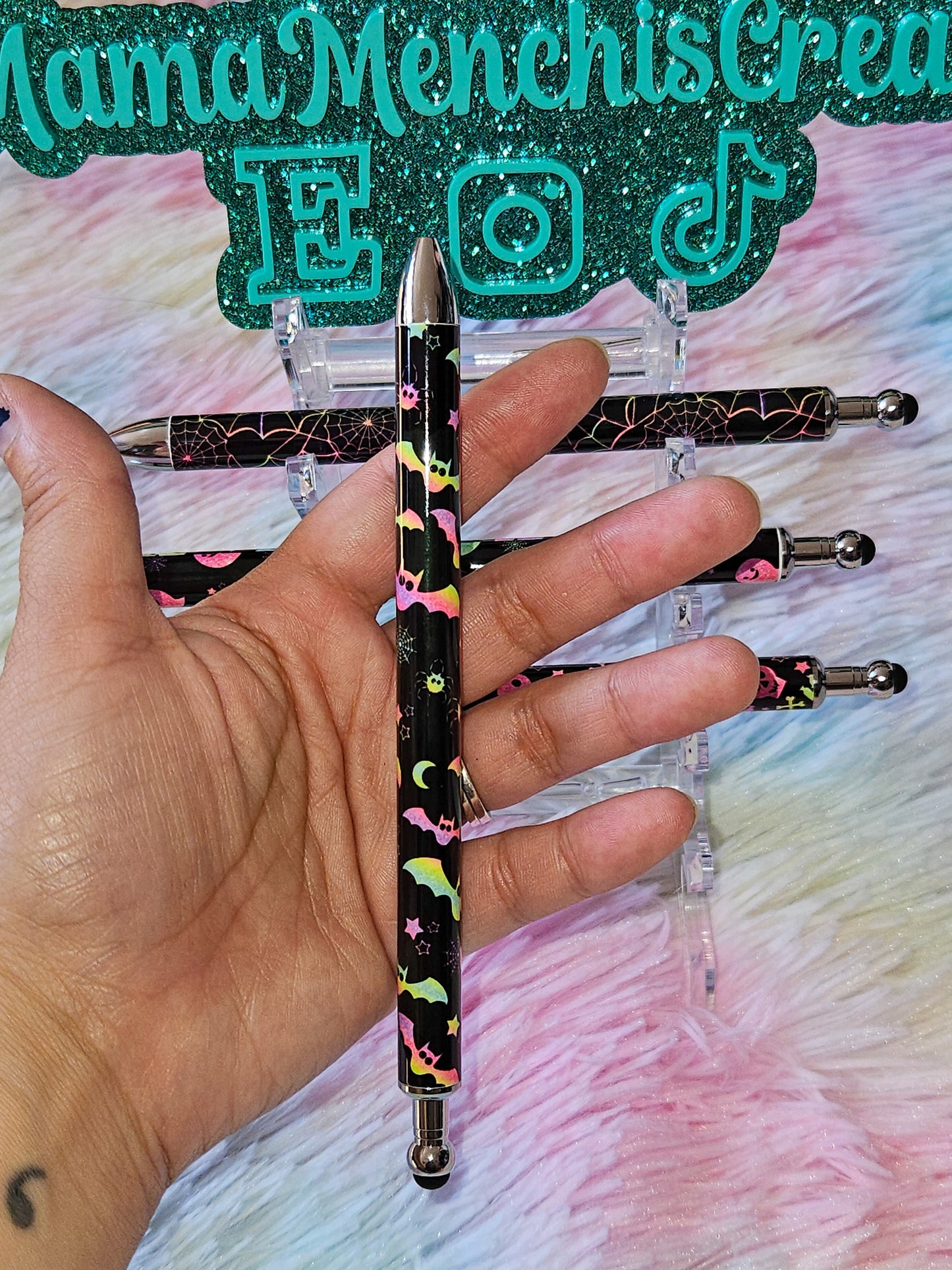 Neon Halloween Skulls Bats Spider Webs Refillable Retractable Gel Pen