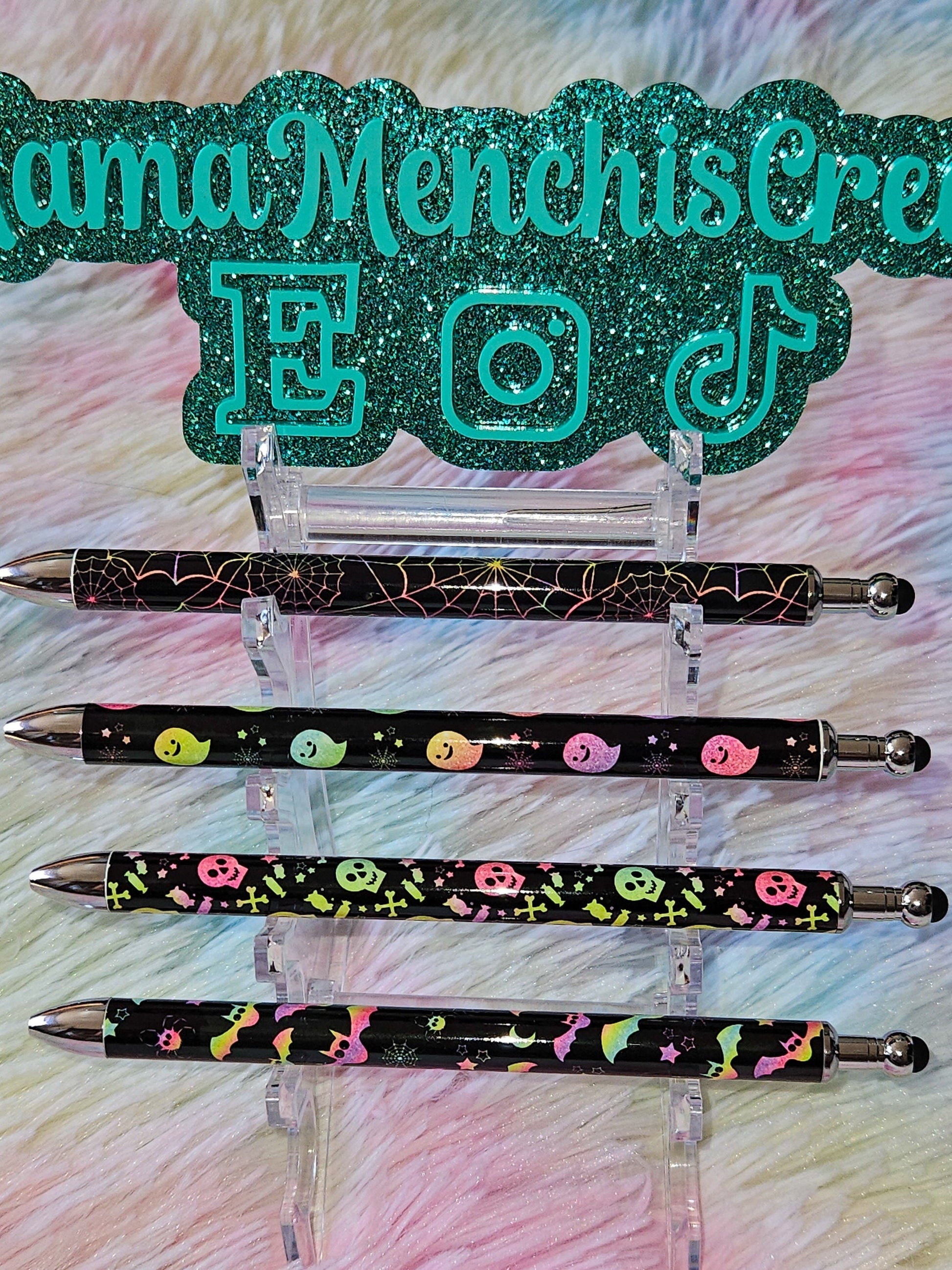 Neon Halloween Skulls Bats Spider Webs Refillable Retractable Gel Pen