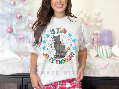 Jolly Enough Christmas Cat with Lights Hand Drawn Sublimation PNG Digital Download
