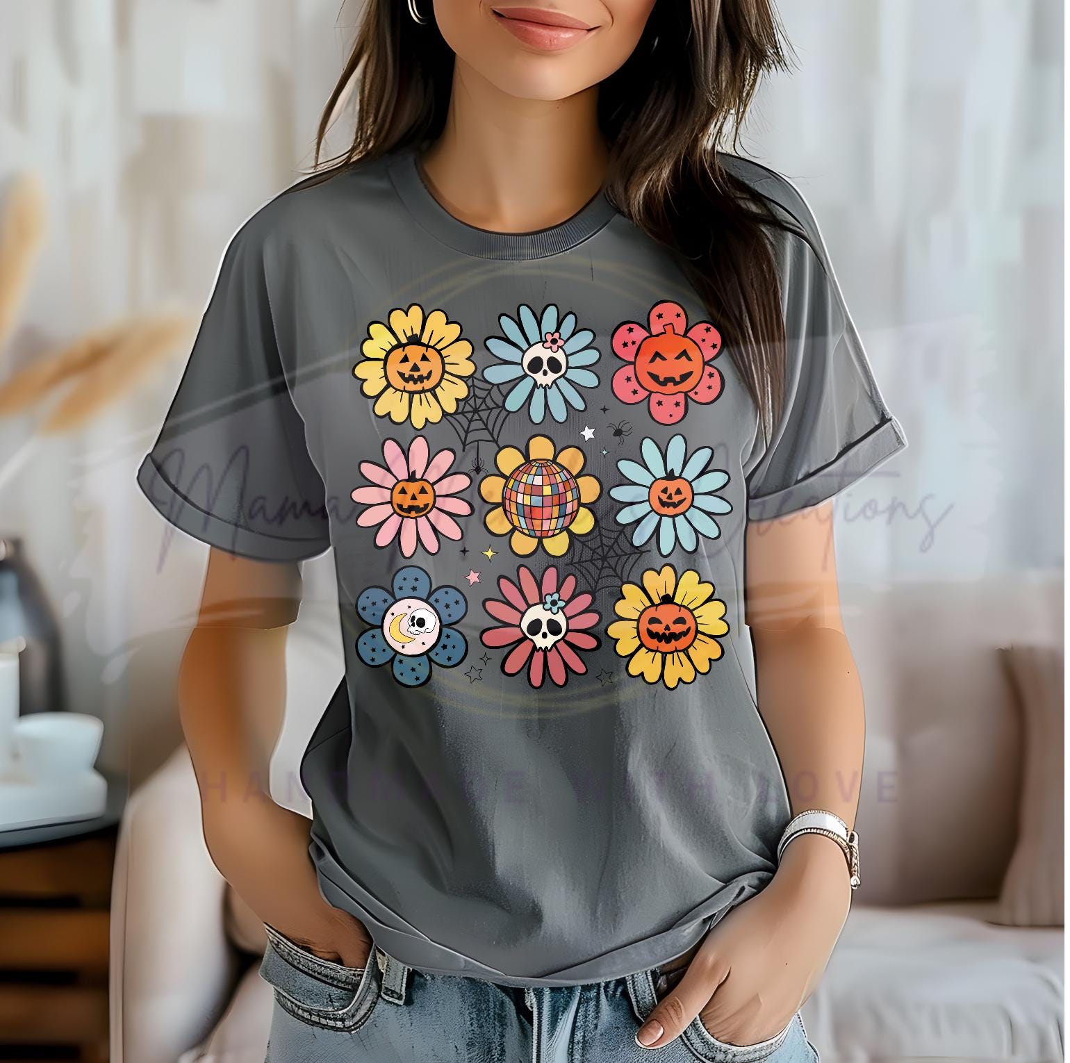 Halloween Flowers and Pumpkins Hand Drawn Sublimation PNG Digital Download