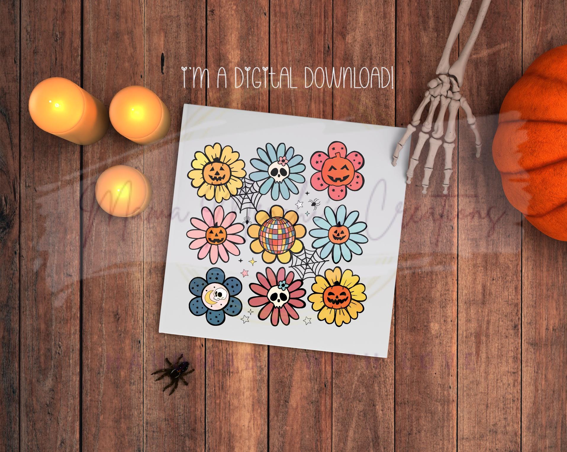 Halloween Flowers and Pumpkins Hand Drawn Sublimation PNG Digital Download