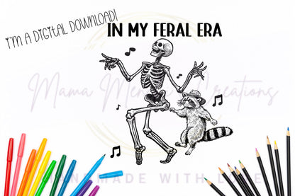 Feral Era Skeleton and Raccoon Hand Drawn Sublimation PNG Digital Download