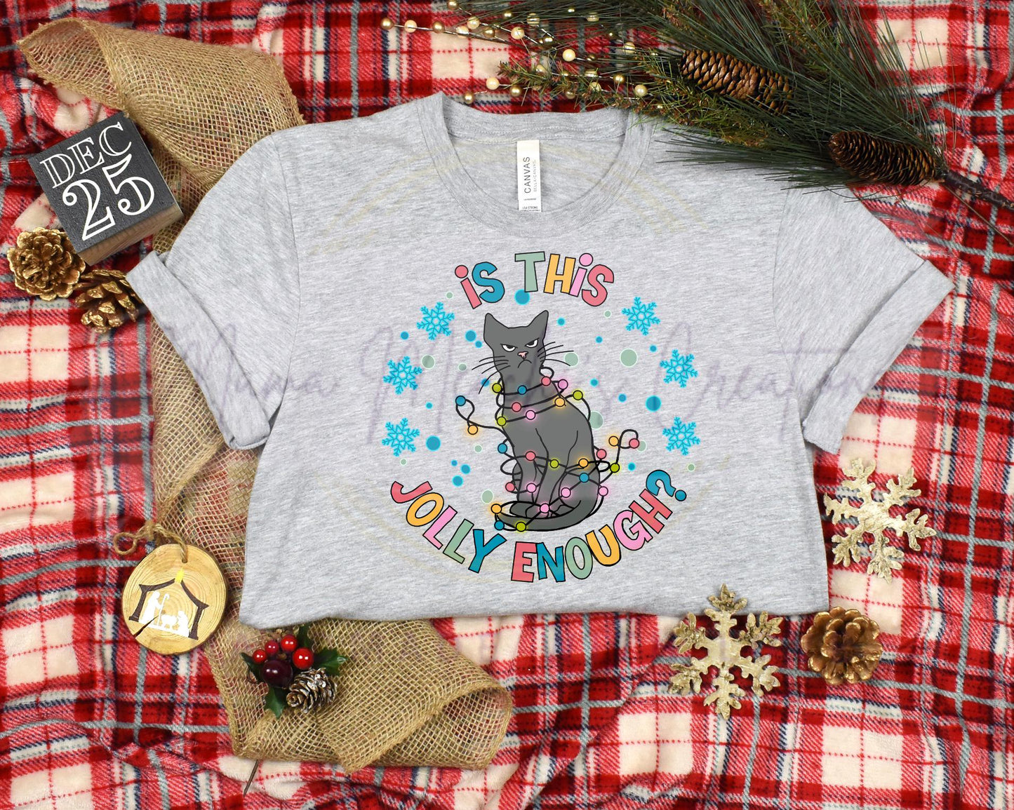 Jolly Enough Christmas Cat with Lights Hand Drawn Sublimation PNG Digital Download