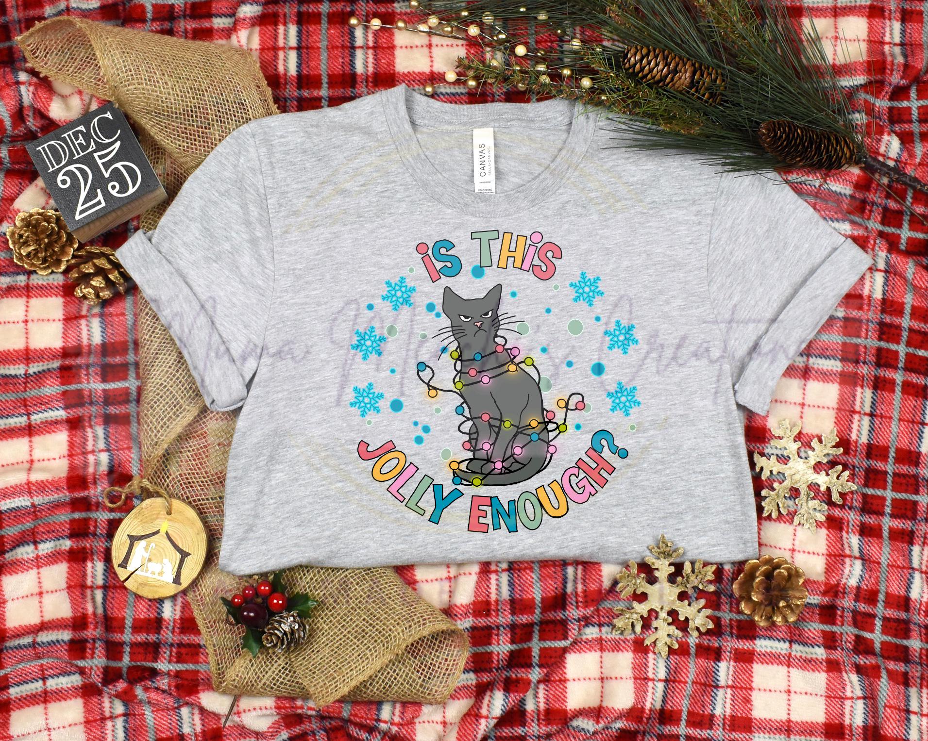 Jolly Enough Christmas Cat with Lights Hand Drawn Sublimation PNG Digital Download