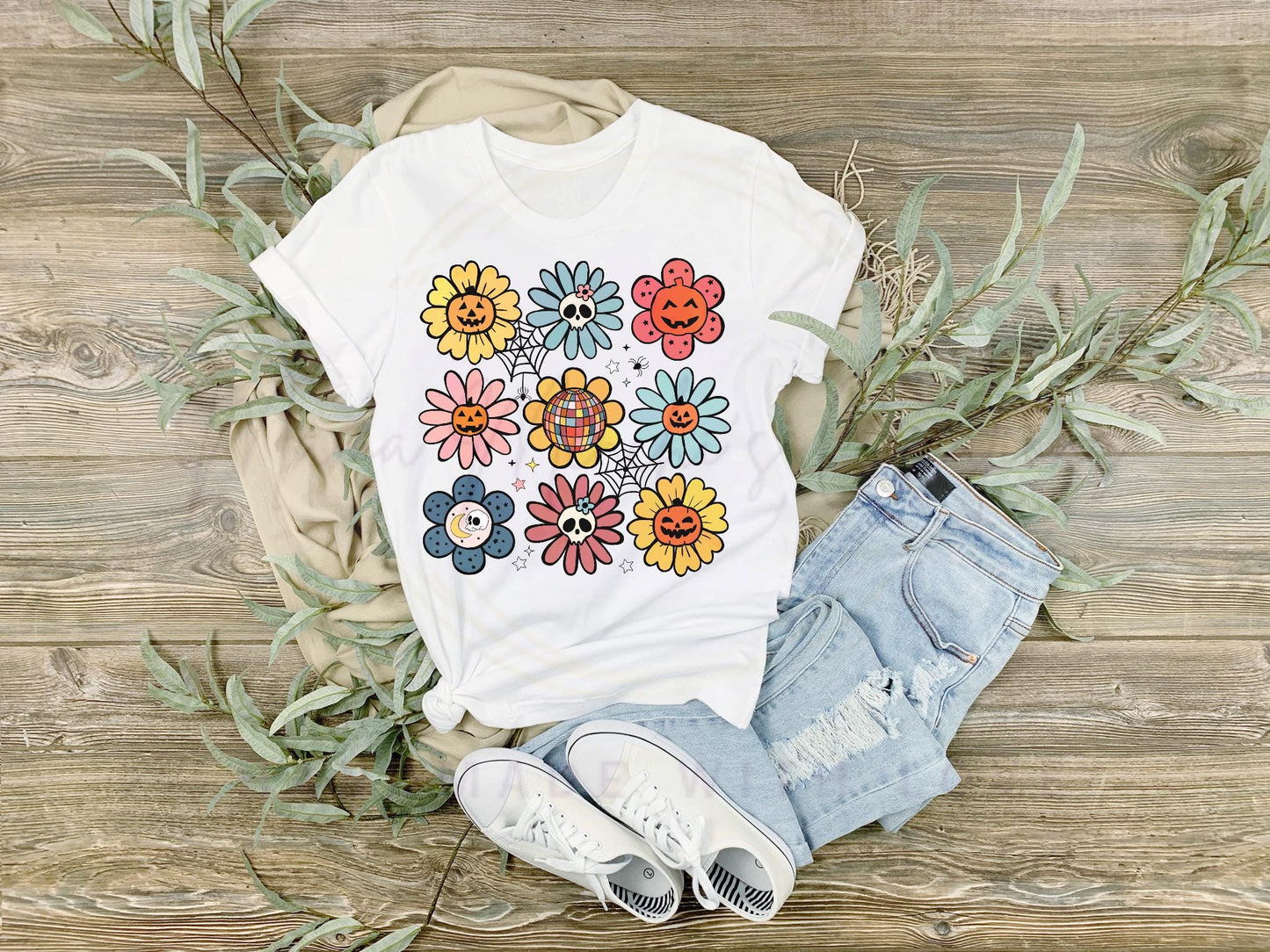 Halloween Flowers and Pumpkins Hand Drawn Sublimation PNG Digital Download
