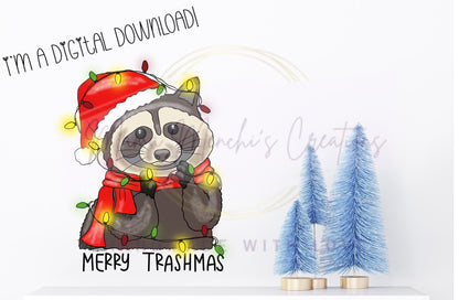 Christmas Raccoon Hand Drawn Sublimation PNG Digital Download