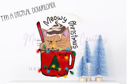 Meowy Christmas Cat Hand Drawn Sublimation PNG Digital Download