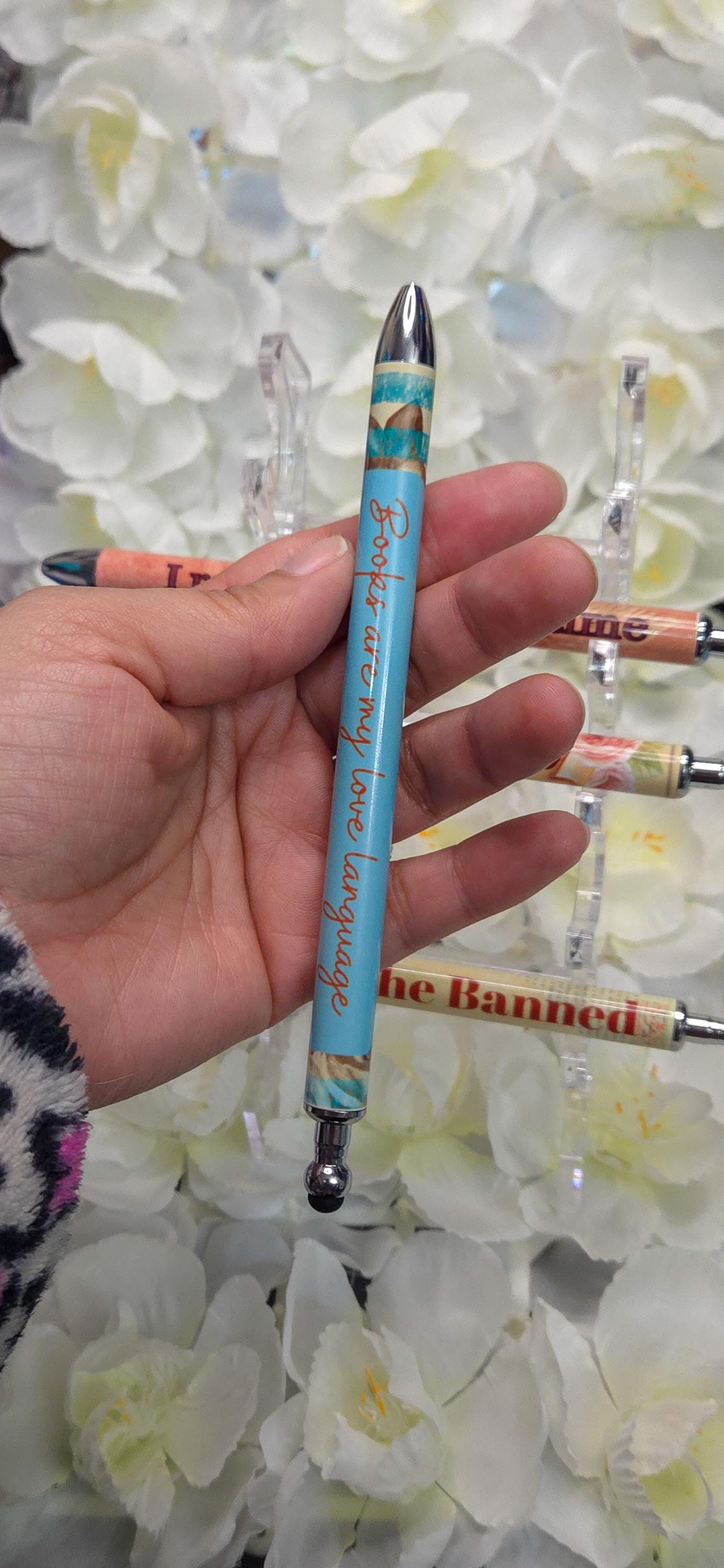 Bookish Floral Gel Pen Refillable Retractable .5mm, Stylus Tip