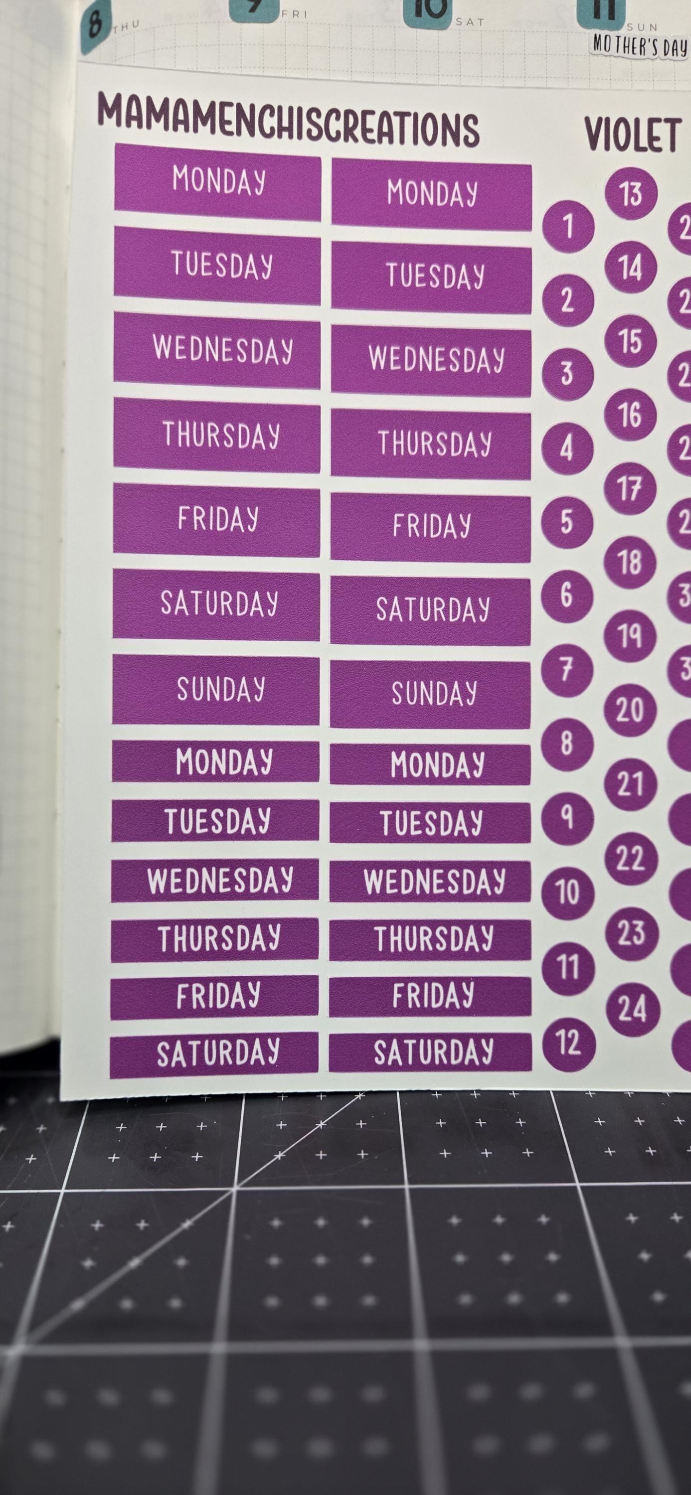 Purple Days of the Week Dates Bujo Journal Planner deco Sticker Sheet