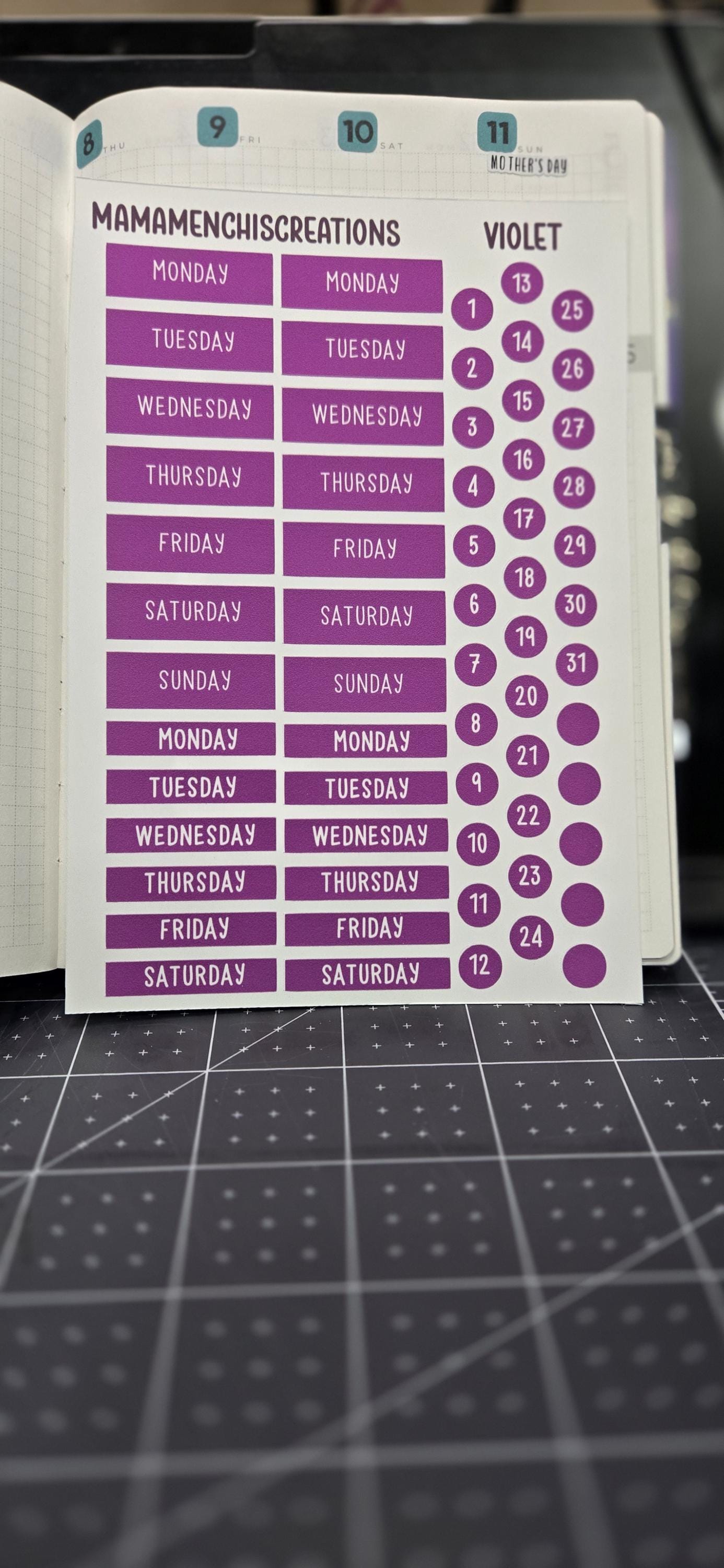 Purple Days of the Week Dates Bujo Journal Planner deco Sticker Sheet