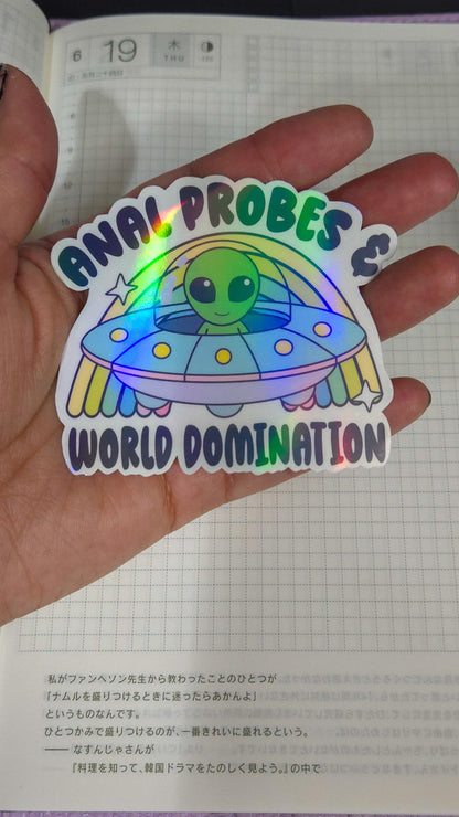 Funny Alien World Domination Inappropriate Holographic Glossy Die Cut Bujo Journal Planner Sticker