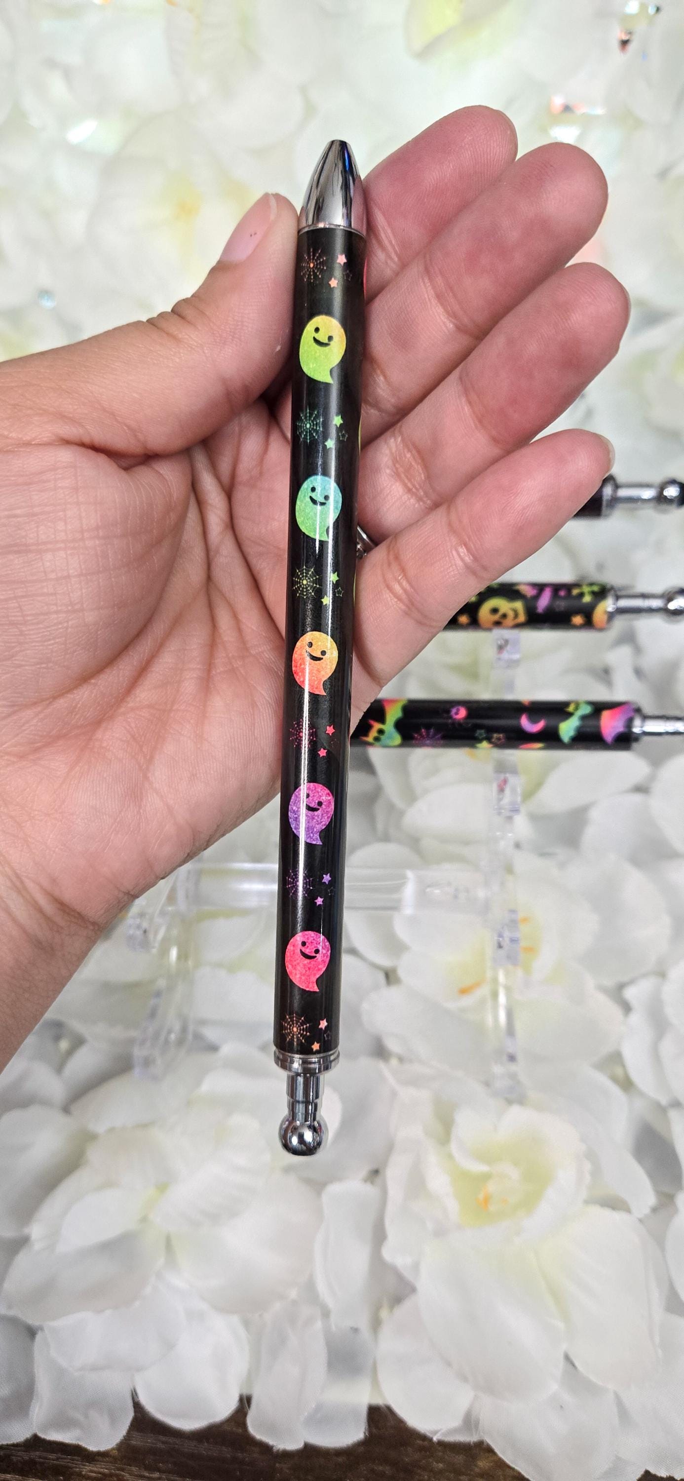 Neon Halloween Skulls Bats Spider Webs Refillable Retractable Gel Pen