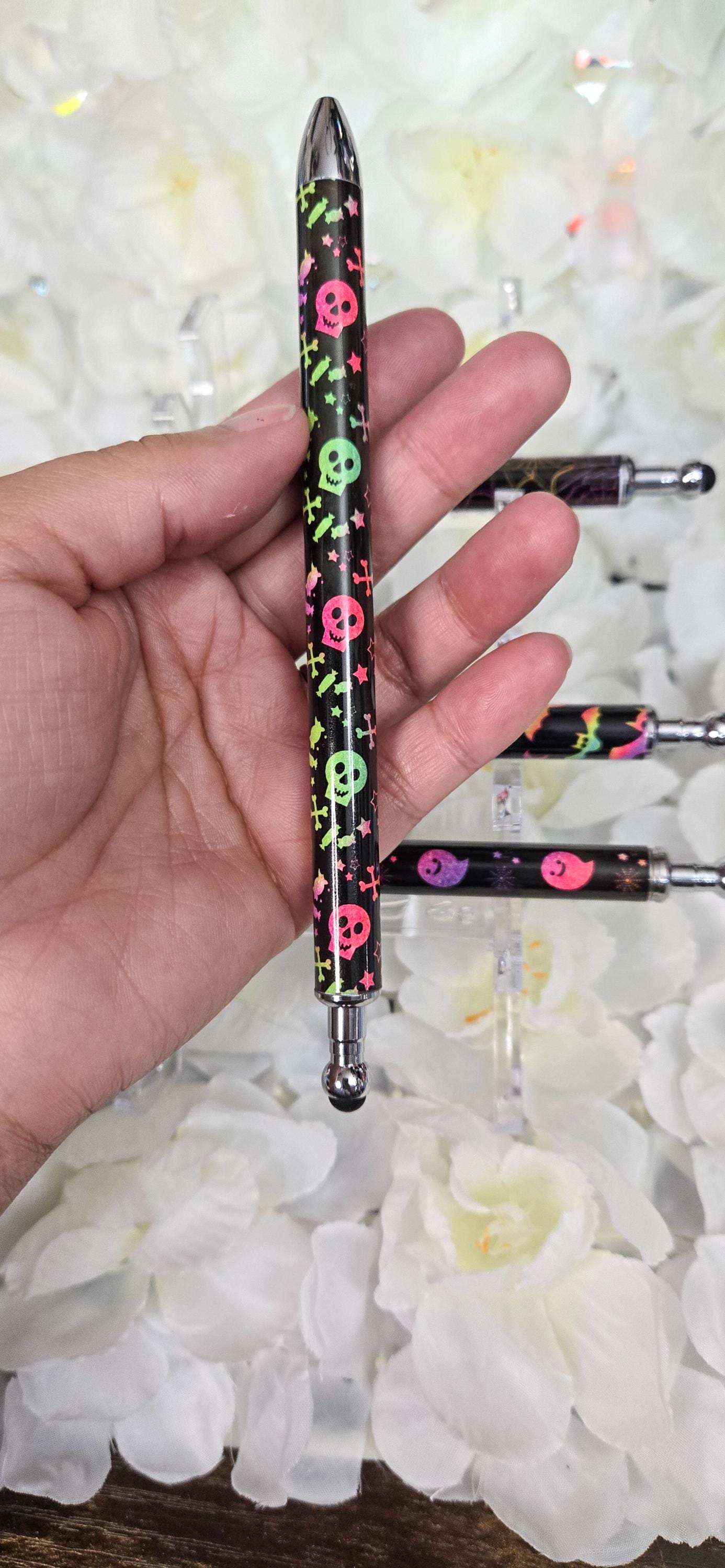 Neon Halloween Skulls Bats Spider Webs Refillable Retractable Gel Pen