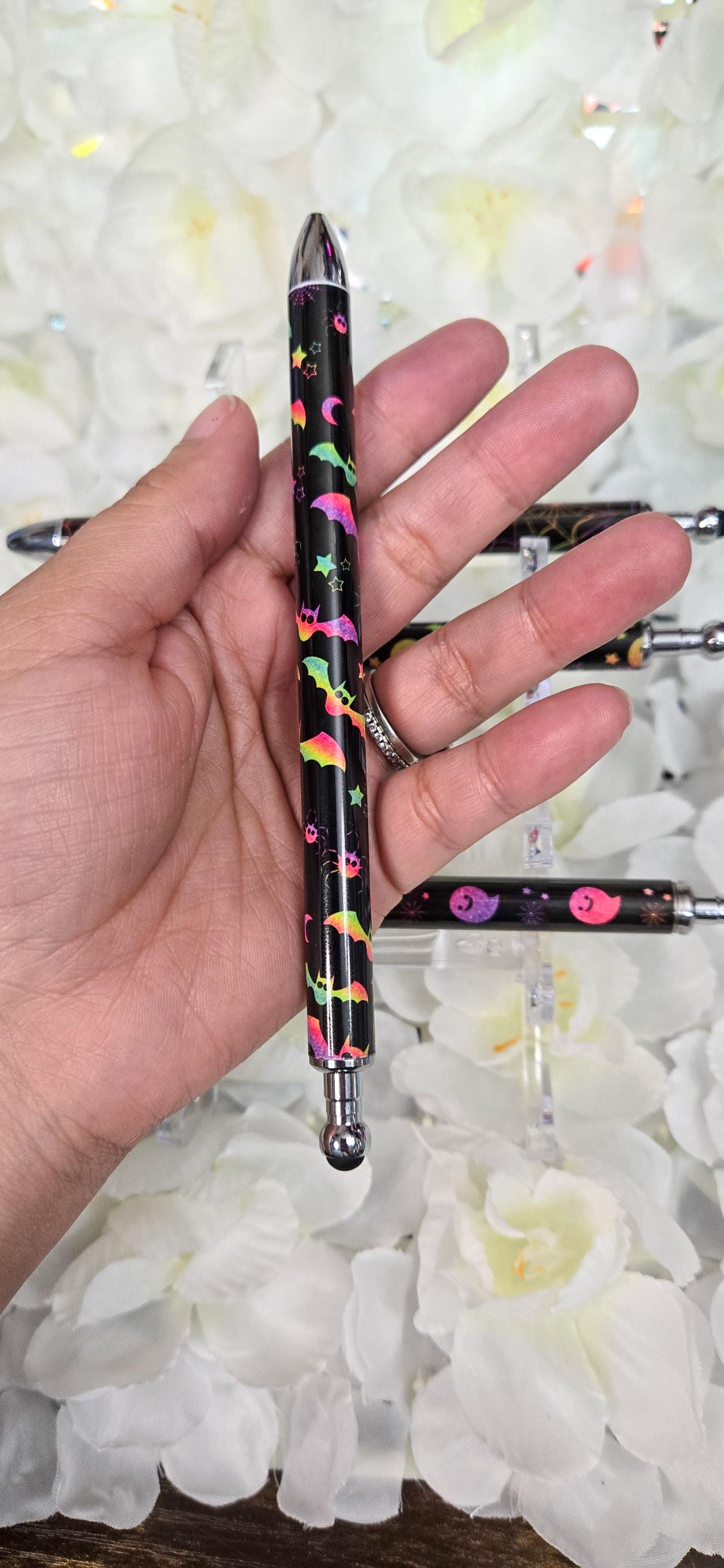 Neon Halloween Skulls Bats Spider Webs Refillable Retractable Gel Pen