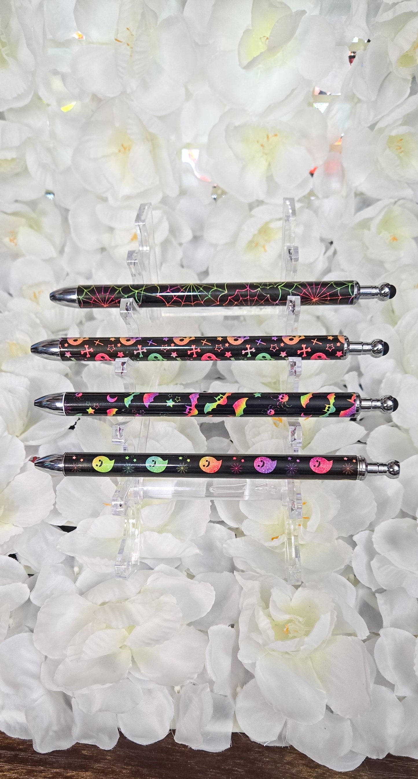 Neon Halloween Skulls Bats Spider Webs Refillable Retractable Gel Pen