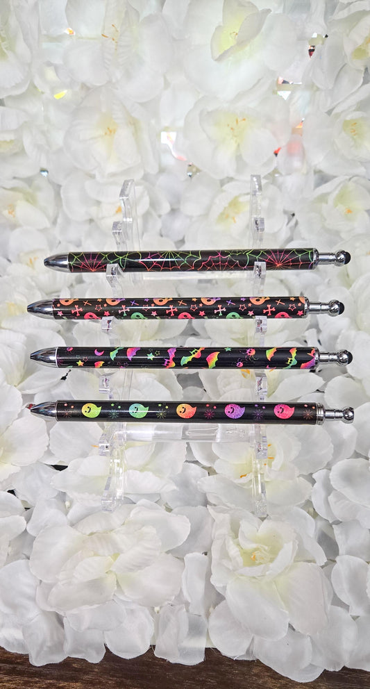 Neon Halloween Skulls Bats Spider Webs Refillable Retractable Gel Pen