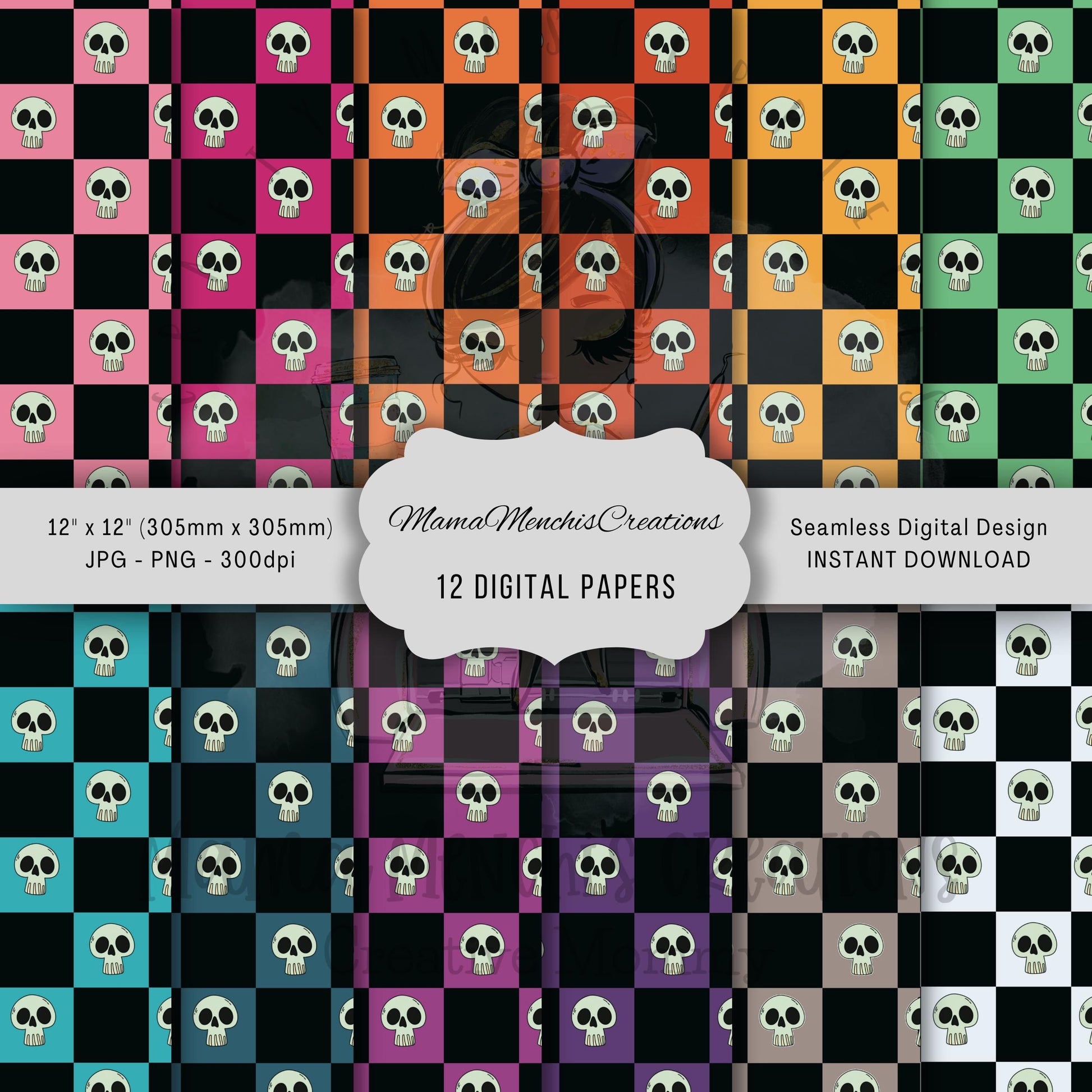 Checkered Skeletons Set of 12 Patterns Size 12x12 Digital Download