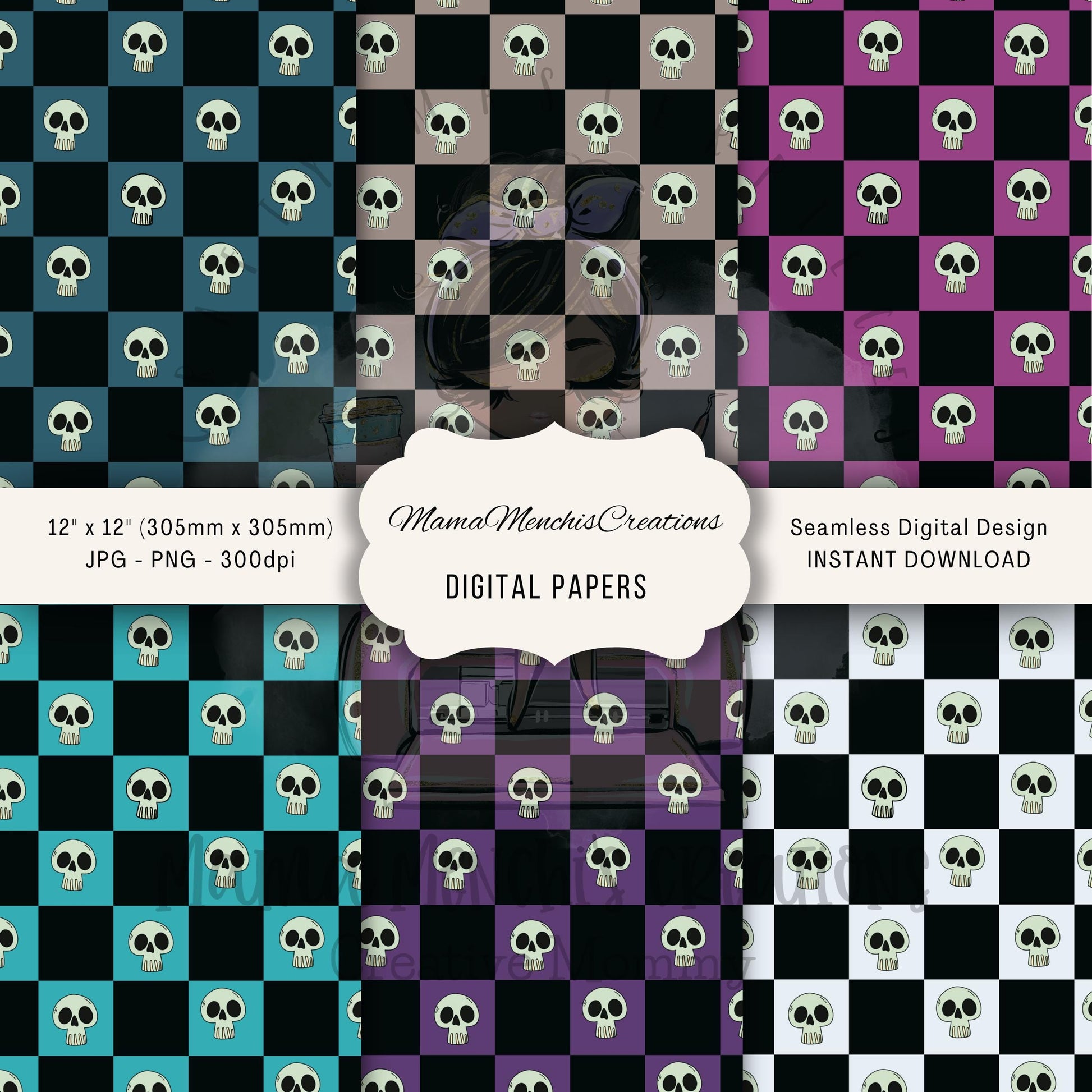 Checkered Skeletons Set of 12 Patterns Size 12x12 Digital Download