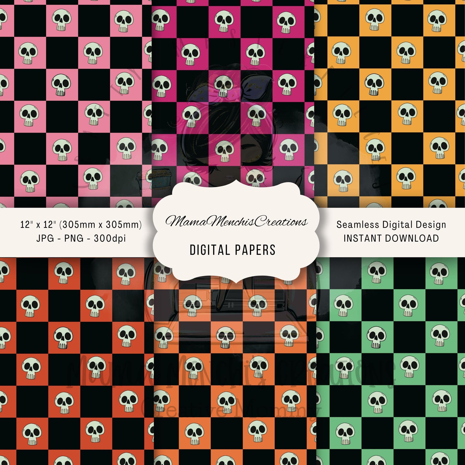 Checkered Skeletons Set of 12 Patterns Size 12x12 Digital Download