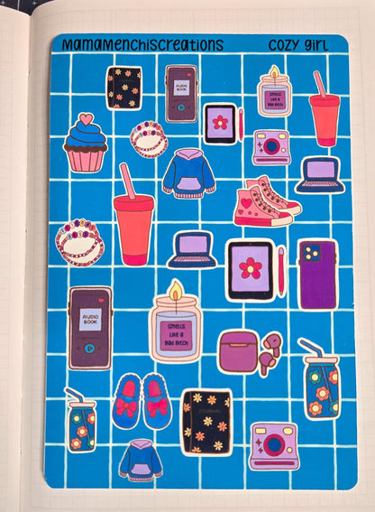 Cozy Girl Cozy Vibes Bujo Journal Planner deco Sticker Sheet