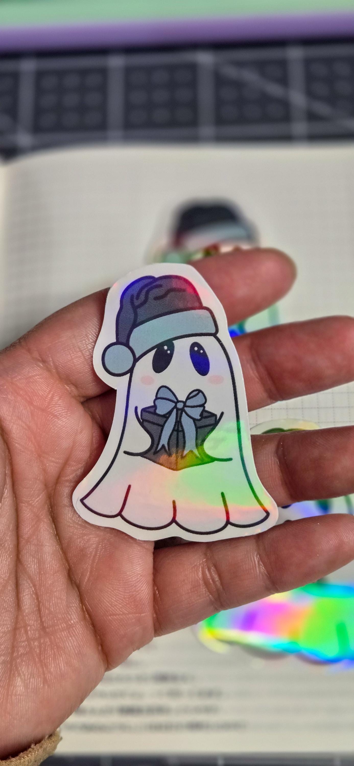 Christmas Present Ghost Glossy Holographic Die Cut Bujo Journal Planner Sticker