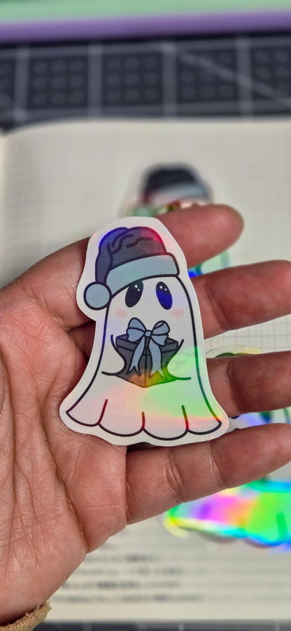 Christmas Present Ghost Glossy Holographic Die Cut Bujo Journal Planner Sticker