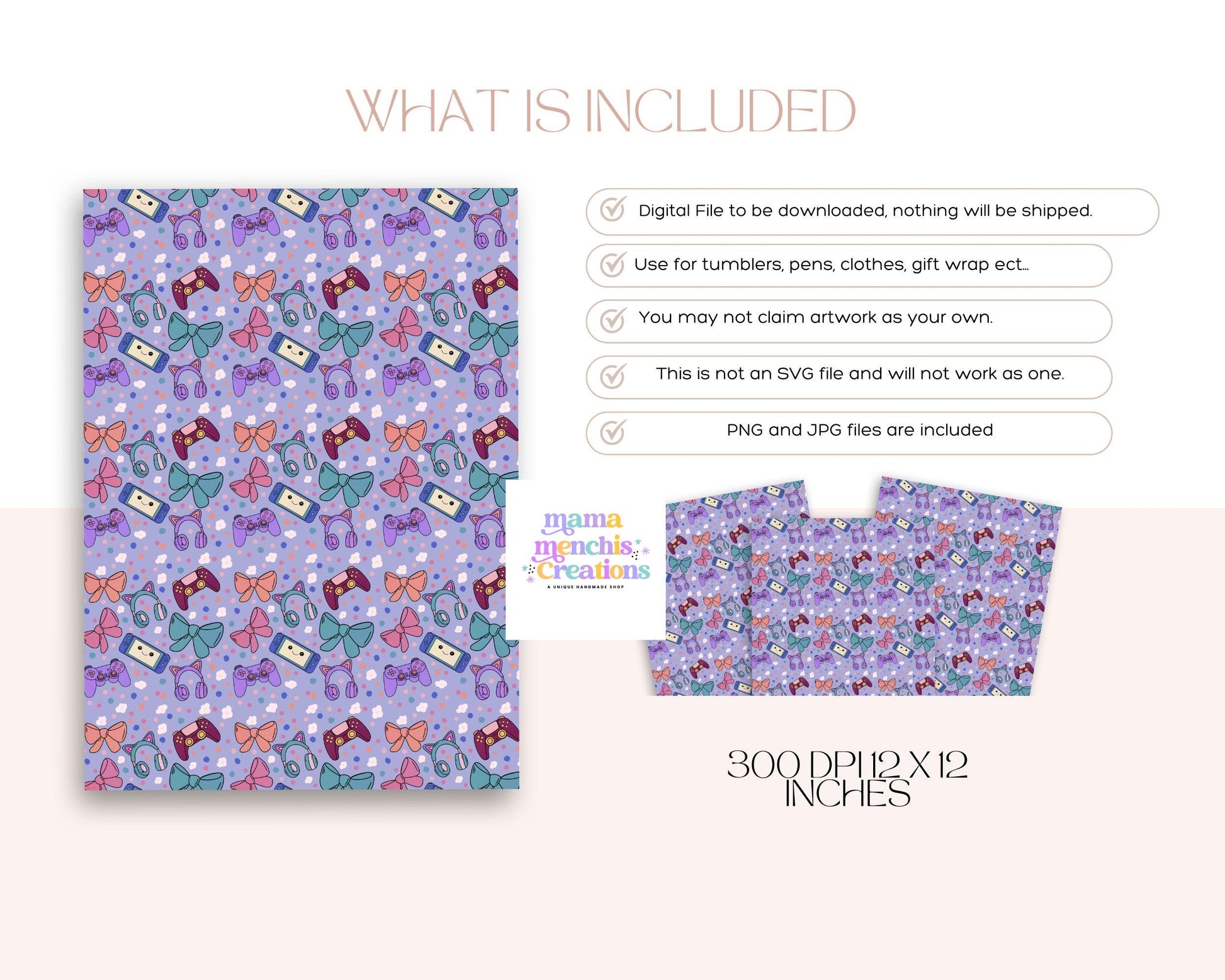 Gamer Girl 12x12 Repeating Pattern Digital Paper Sublimation DTF PNG Digital Download