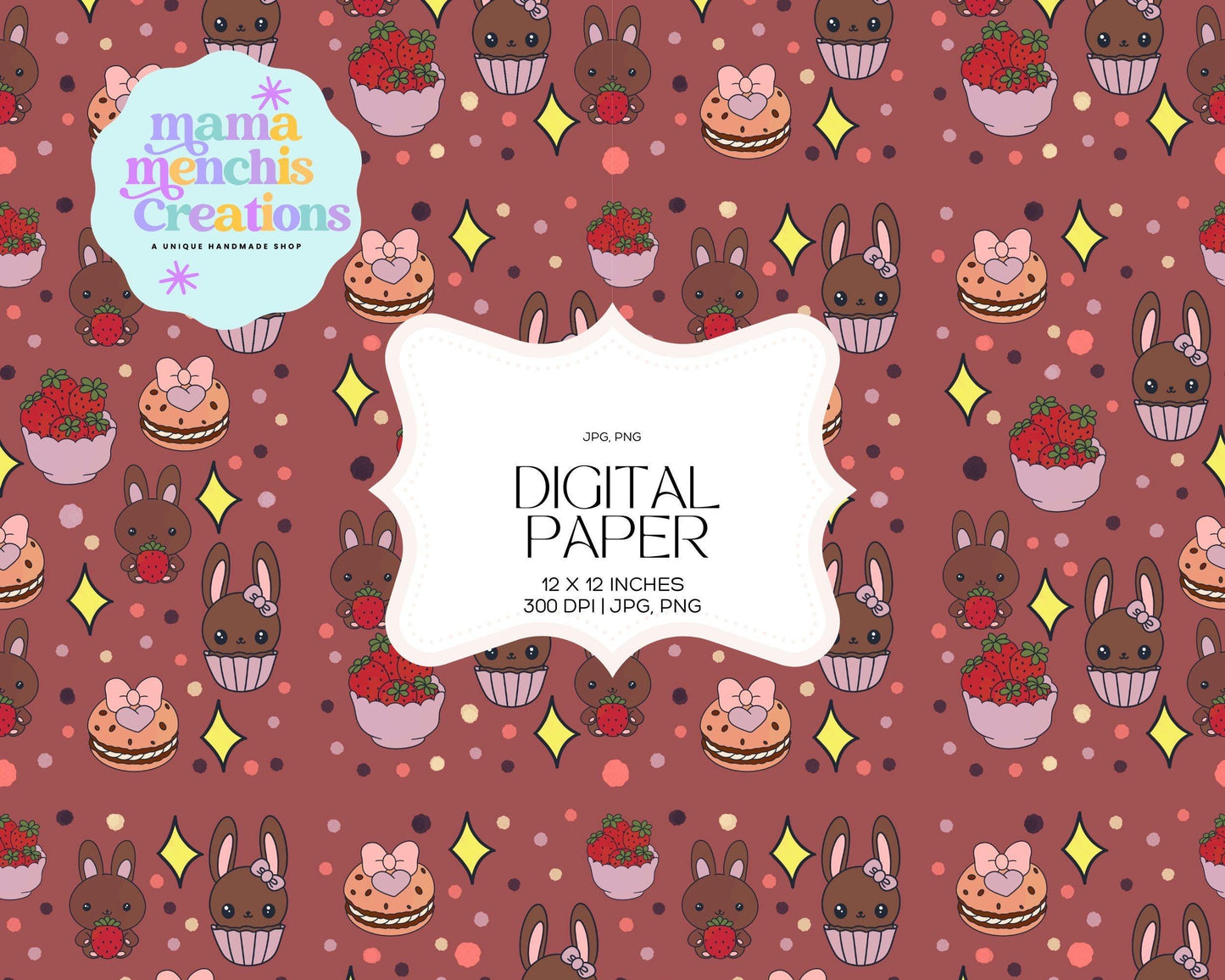 Spring Berries and Bunnies 12x12 Repeating Pattern Digital Paper Sublimation DTF PNG Digital Download
