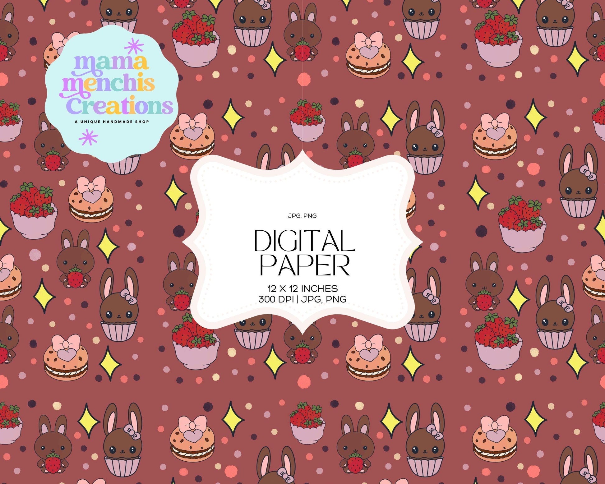 Spring Berries and Bunnies 12x12 Repeating Pattern Digital Paper Sublimation DTF PNG Digital Download
