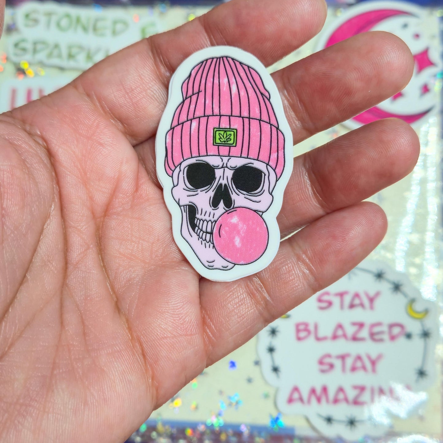 Girly Stoner Pink Stoner Themed Hand Drawn Glossy Sticker Flakes