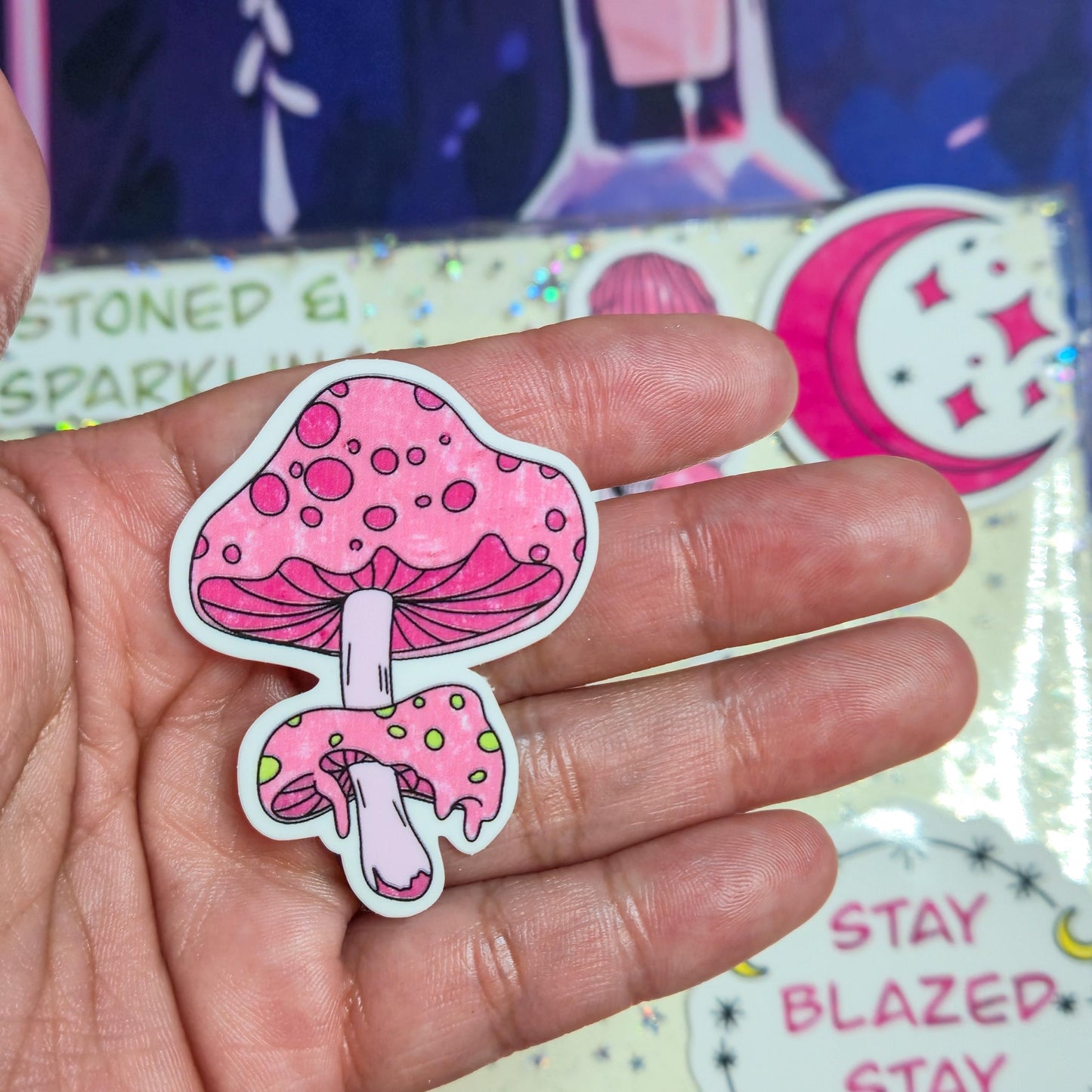 Girly Stoner Pink Stoner Themed Hand Drawn Glossy Sticker Flakes