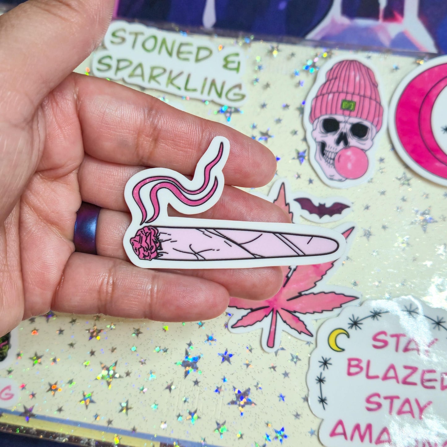 Girly Stoner Pink Stoner Themed Hand Drawn Glossy Sticker Flakes