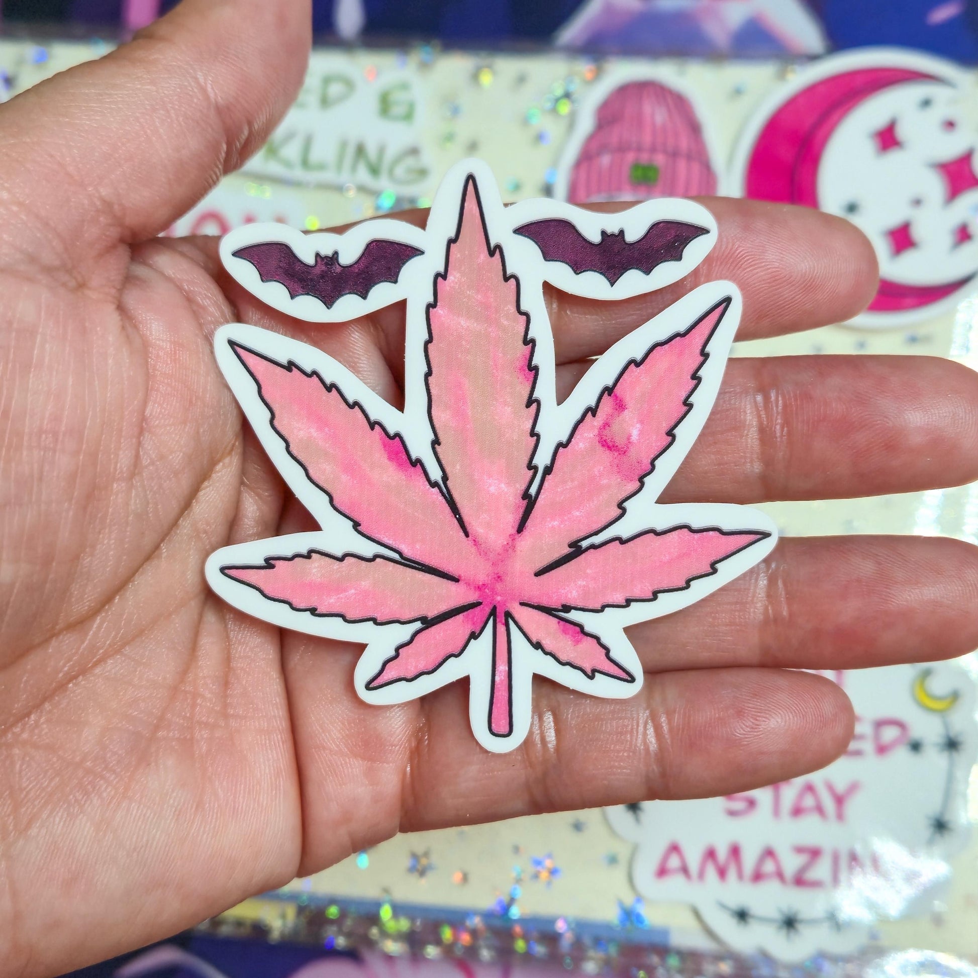 Girly Stoner Pink Stoner Themed Hand Drawn Glossy Sticker Flakes