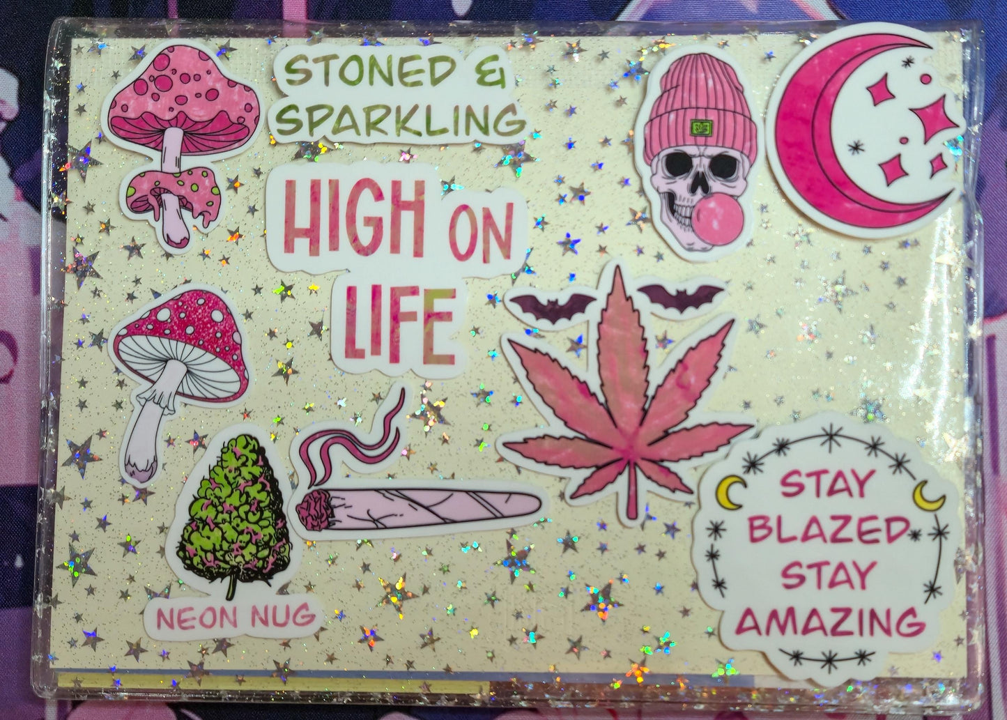 Girly Stoner Pink Stoner Themed Hand Drawn Glossy Sticker Flakes
