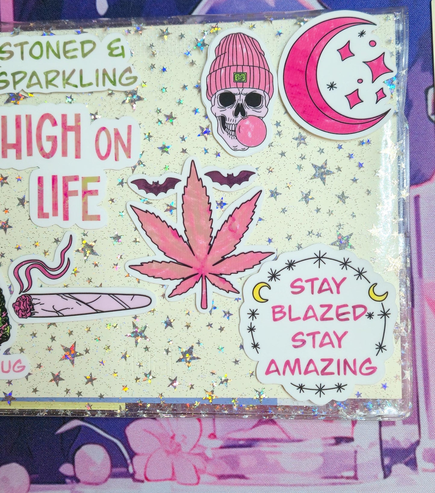 Girly Stoner Pink Stoner Themed Hand Drawn Glossy Sticker Flakes