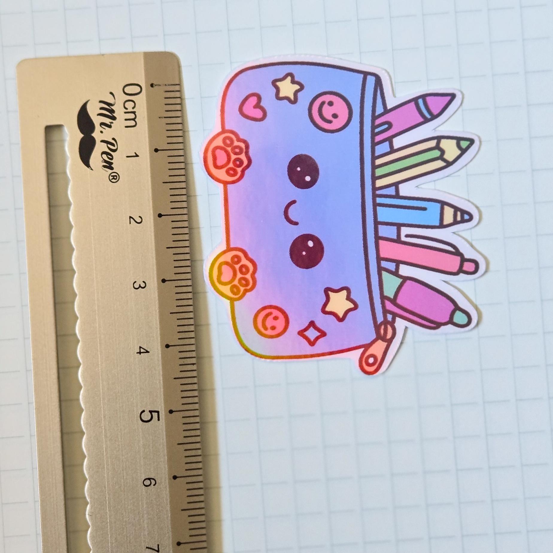 Stationary Kitty Themed Hand Drawn Glossy Holographic Sticker Flakes Planner Journal Laptop Notebook Stickers