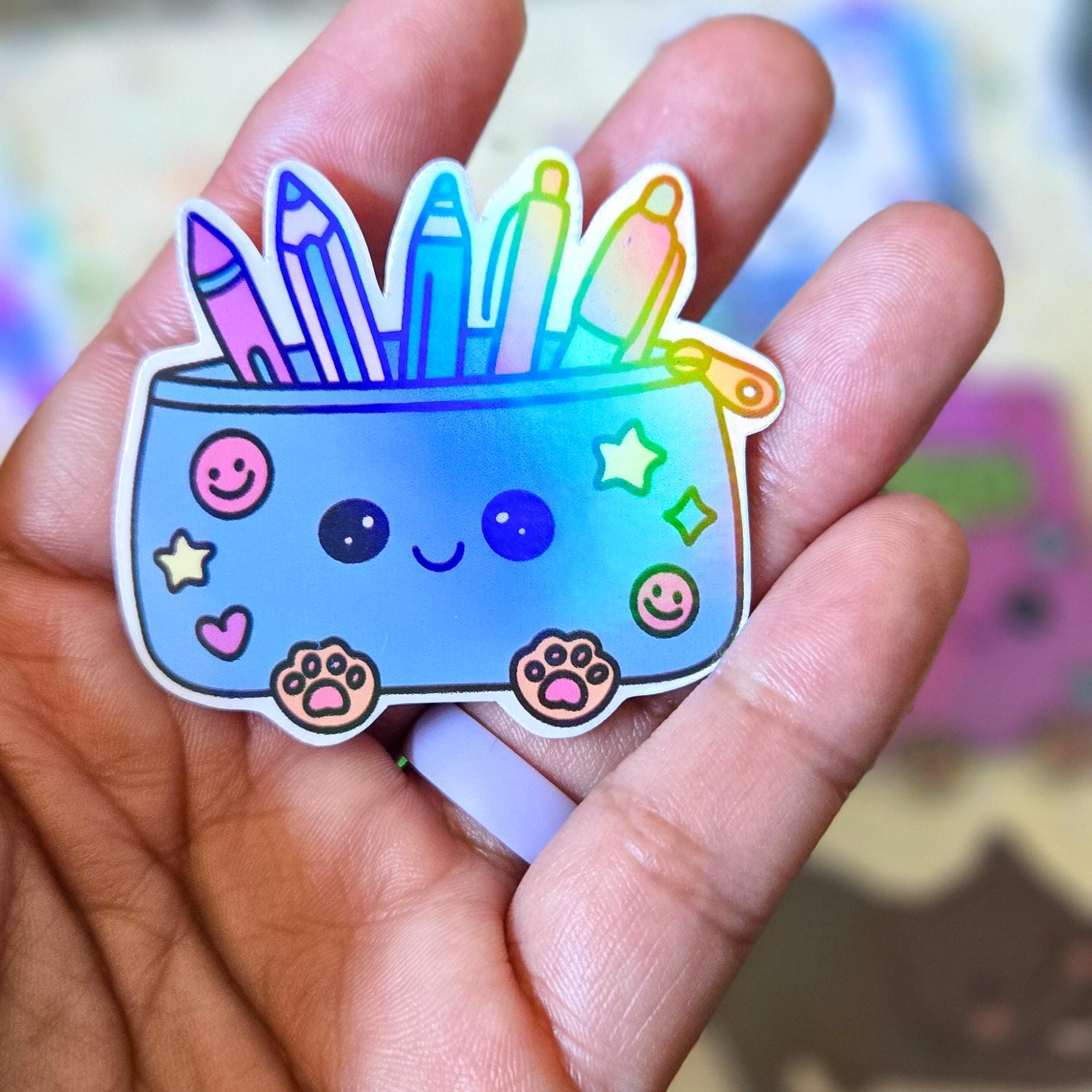 Stationary Kitty Themed Hand Drawn Glossy Holographic Sticker Flakes Planner Journal Laptop Notebook Stickers